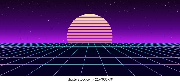 Digital retro landscape 1980s style. Futuristic cyber surface. 80s Retro Sci-Fi background. Album cover or banner in the style of the 80-90s Vector illustration.