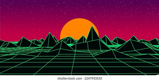 Digital retro landscape 1980s style. Futuristic cyber surface. 80s Retro Sci-Fi background. Album cover or banner in the style of the 80-90s Vector illustration.
