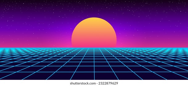 Digital retro landscape 1980s style. Futuristic cyber surface. 80s Retro Sci-Fi background. Album cover or banner in the style of the 80-90s. Vector illustration.