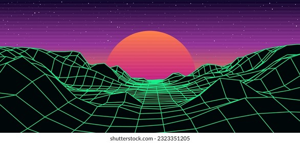 Digital retro landscape 1980s style. Futuristic cyber surface. 80s Retro Sci-Fi background. Album cover or banner in the style of the 80-90s. Vector illustration.