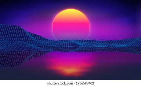 Digital retro landscape cyber surface. Retro music album cover template sun, space, mountains. Retro background futuristic landscape 1980s style at sea.