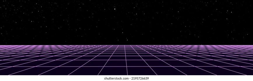 Digital retro perspective grid 1980s style. Futuristic cyber surface. 80s Retro Sci-Fi background. Album cover or banner in the style of the 80-90s Vector illustration.