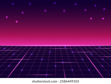 Digital retro technology background. Futuristic 80s 90s concept. Design for cyberpunk, wireframe, abstract, neon, light, grid, landscapes, Sci-Fi, retro, illustration.