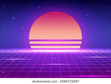 Digital retro  technology background. Sci-Fi cyberpunk concept. Design for wireframe, neon, light, grid, landscapes, retro, 80s, 90s.