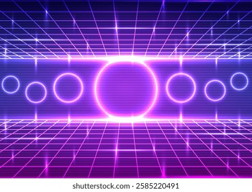 Digital retro technology background. Sci-Fi cyberpunk futuristic concept. Design for wireframe, abstract, neon, light, grid, landscapes, retro, 80s, 90s, illustration.