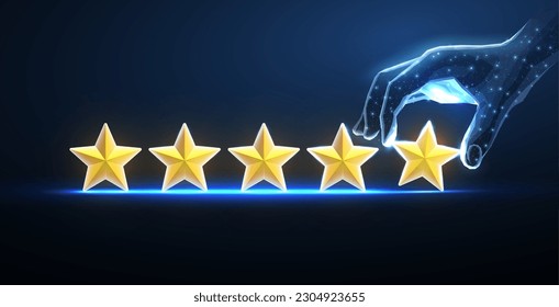 Digital review. 5 stars with digital hand. Best star rating, positive feedback, five stars servise, service quality, customer satisfaction, good experience, ai manage, survey concept