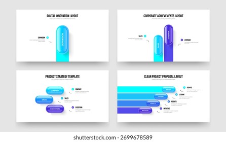 Digital Review One Two Three Four Option Infographic Slide Layout Vector Illustration Collection. Investor Proposal 1 2 3 4 Element Diagram Presentation Template Set.