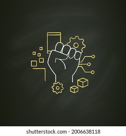 Digital revolution chalk icon. Fist up. Support transition from analog technologies. Digital transformation concept.Isolated vector illustration on chalkboard