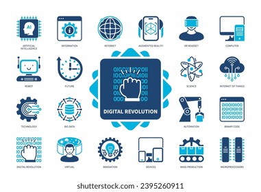 Digital Revolution icon set. Devices, Big Data, Mass Production, Automation, Robot, Innovation, Artificial Intelligence, Microprocessors. Duotone color solid icons