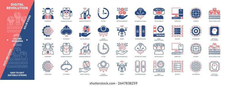 Conjunto de ícones da Revolução Digital. Drone, Tecnologia de Nuvem, Robótica, Automação, Cyberspace, Criptomoeda, Inteligência Artificial, Microprocessadores. Ícones de contorno sólido e editável de cor duotônica
