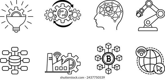 Digital Revolution Icons Set. Vektor-Ikonen von Innovation, Automatisierung, Künstliche Intelligenz, Robotik, Big Data, Industrie 4.0, Blockchain und Internet