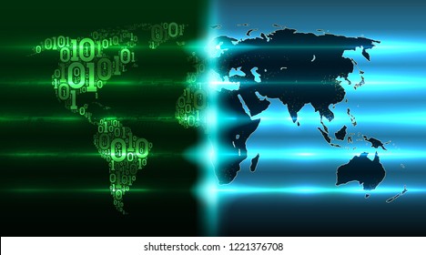 Digital revolution on world map. Map Earth with continents from a binary code with a background of abstract printed circuit boards, electronics, big data, cloud service, vector illustration