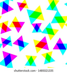 Digital rgb colors pattern/ transparent rgb cmyk geometrical triangle elements/ seamless print background