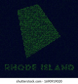 Digital Rhode Island Logo. US-Staatssymbol im Hackerstil. Binärkode-Karte von Rhode Island mit US-Staatsnamen. Stilvolle Vektorillustration.