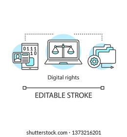 Digital rights concept icon. Cyber security idea thin line illustration. Intellectual property, personal data protection. Copyright infringement.Vector isolated outline drawing. Editable stroke