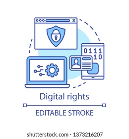 Digital rights concept icon. Intellectual property protection idea thin line illustration. Cyber security. Copyright infringement. Internet hacking. Vector isolated outline drawing. Editable stroke