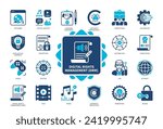 Digital Rights Management (DRM) icon set. Intellectual Property, Encryption, Music, Digital Content, Game, Access, Control, Licensing Agreement. Duotone color solid icons