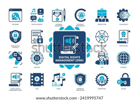 Digital Rights Management (DRM) icon set. Intellectual Property, Encryption, Music, Digital Content, Game, Access, Control, Licensing Agreement. Duotone color solid icons