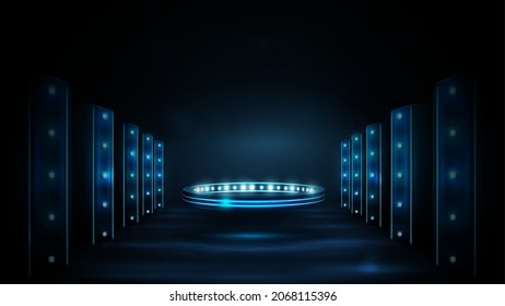 Digital ring and columns with lights. Shine blue neon podium in shape of ring in room with digital columns, scene from the future