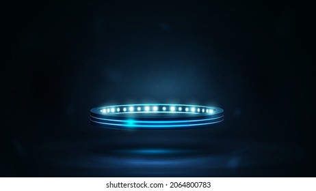 Digital ring with lights in dark room. Shine blue neon podium in shape of ring