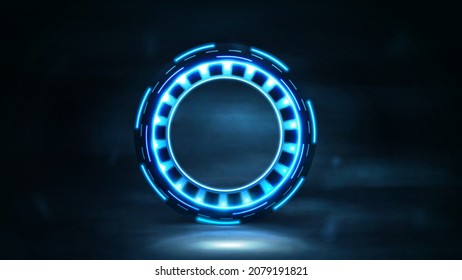 Digital ring with neon lights in dark scene with fog.