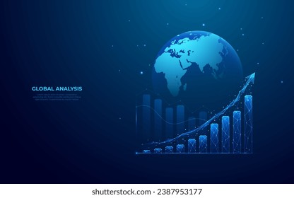 Digital rise graph chart on light blue technology globe background. Stock market or trade diagram in futuristic hologram style. Economy or finance concept. Abstract low poly vector illustration.