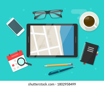 Digital road map navigator in city street tablet computer screen table desk, online electronic roadmap navigation technology icon vector flat cartoon workplace illustration