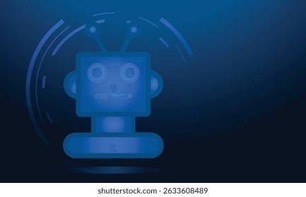 Digital robot icon with glowing blue effect and abstract circular tech interface elements. Perfect for themes related to artificial intelligence, robotics, virtual assistants, and futuristic