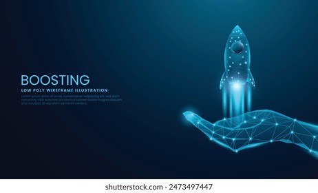 Digital Rocket Boost Concept. Hand Holding a Rocket in Low Poly Wireframe Vector Illustration on Technological Blue Background. 