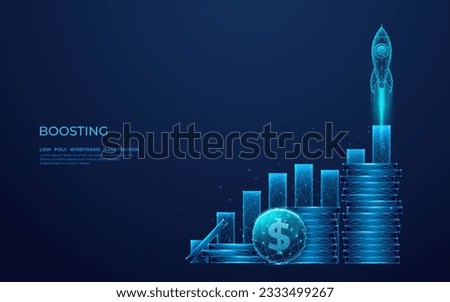 Digital Rocket, coins, and graph chart. Abstract growing diagrams and a stack of dollar coins. Spaceship boosts the statistic candle. Low poly wireframe vector illustration in blue hologram style.