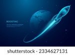 Digital rocket flies in orbit of planet Earth. Abstract light blue technological background. Spaceship in outer cosmos. Low poly wireframe vector illustration with 3D effect. Polygonal science art.