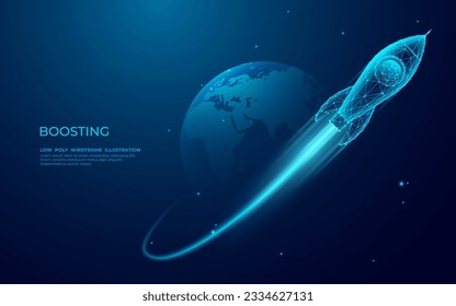 El cohete digital vuela en órbita del planeta Tierra. Resumen de fondo tecnológico azul claro. La nave espacial en el cosmos exterior. Ilustración vectorial de malla baja con efecto 3D. Arte de ciencia poligonal.