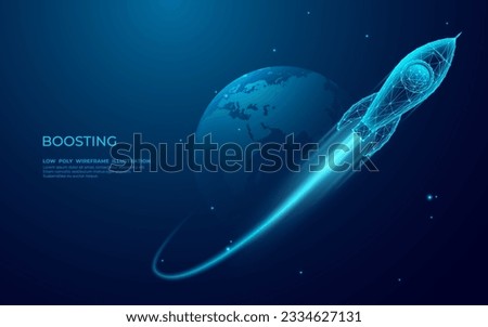 Digital rocket flies in orbit of planet Earth. Abstract light blue technological background. Spaceship in outer cosmos. Low poly wireframe vector illustration with 3D effect. Polygonal science art.