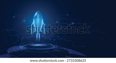 Digital rocket launch with glowing wireframe design, circuit patterns, and deep blue tech background—symbolizing innovation, startup growth, and digital transformation.