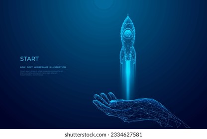 Digital rocket launch from the human abstract palm in outer space. Success business and start-up concept. Low poly wireframe vector illustration with 3D effect on technology blue background.