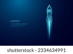 Digital rocket launch into outer space. Boosting and takeoff career concept. Abstract spaceship in blue on technological background. Low poly wireframe vector illustration with 3D effect.