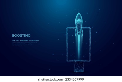 Digital rocket launch on vertical street poster billboard. Advertising agency concept in technological light blue background. Low poly wireframe vector illustration with 3D effect.