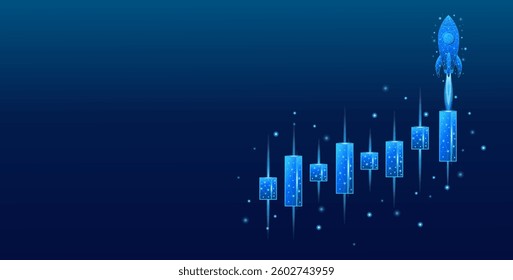 A digital rocket launching from the candle of a tech-blue stock market. A low-poly concept of increasing investment profitability