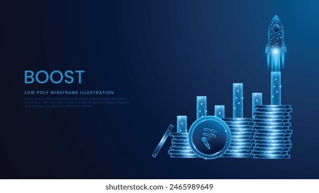 Digital Rocket, rupee coins, and graph chart. Stack of rupee coins growing and increasing. Spaceship boosts the statistic candle. Investing money concept vector illustration