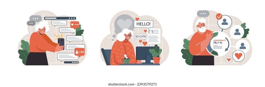 Digital Romance set. Elderly woman explores online connections, receives heartwarming compliments, and checks compatibility percentages. Online engagement, cozy environment, and digital match.