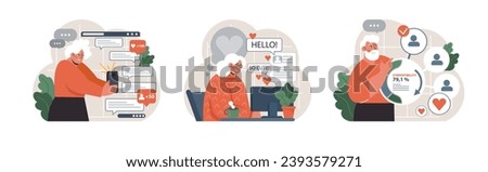 Digital Romance set. Elderly woman explores online connections, receives heartwarming compliments, and checks compatibility percentages. Online engagement, cozy environment, and digital match.