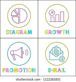 Digital round linear icons templates for web site. Visual diagram, growth chart, promotion function and email service isolated vector illustrations.