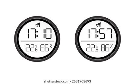 Digital Round Meteorological Clock Displaying Time Temperature and Humidity for Weather Monitoring and Ambient Climate Condition Assessment, In Isolated Background