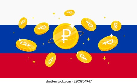 Digital Ruble RUB coins on Russia flag background. Central Bank Digital Currency (CBDC) concept banner background.