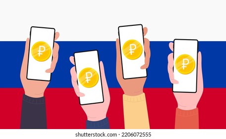 Digital Ruble RUB Coins on mobile screen of people, CBDC currency futuristic digital money on Russia flag  background. vector