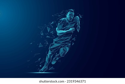 El hombre en movimiento digital sobre el fondo azul tecnológico. Resumen de la silueta deportiva del atleta con partículas dispersas en forma de puntos, líneas y triángulos. Ilustración de vectores poligonales