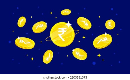 Digital Rupee (CBDC) coins falling from the sky. CBDC currency concept banner background.