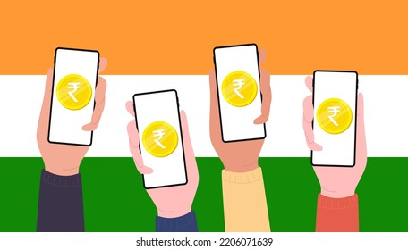 Digital Rupee Coins on mobile screen of people, CBDC currency futuristic digital money on India flag  background. vector