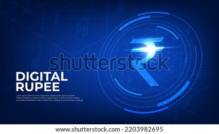 Digital Rupee currency sign, CBDC currency futuristic digital money on blue abstract technology background, vector.