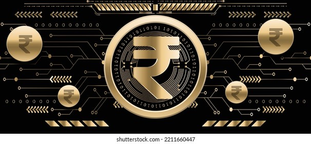 Digital Rupee INR golden coin on futuristic technology background vector illustration banner and wallpaper template. Indian currency and financial market concept design. 